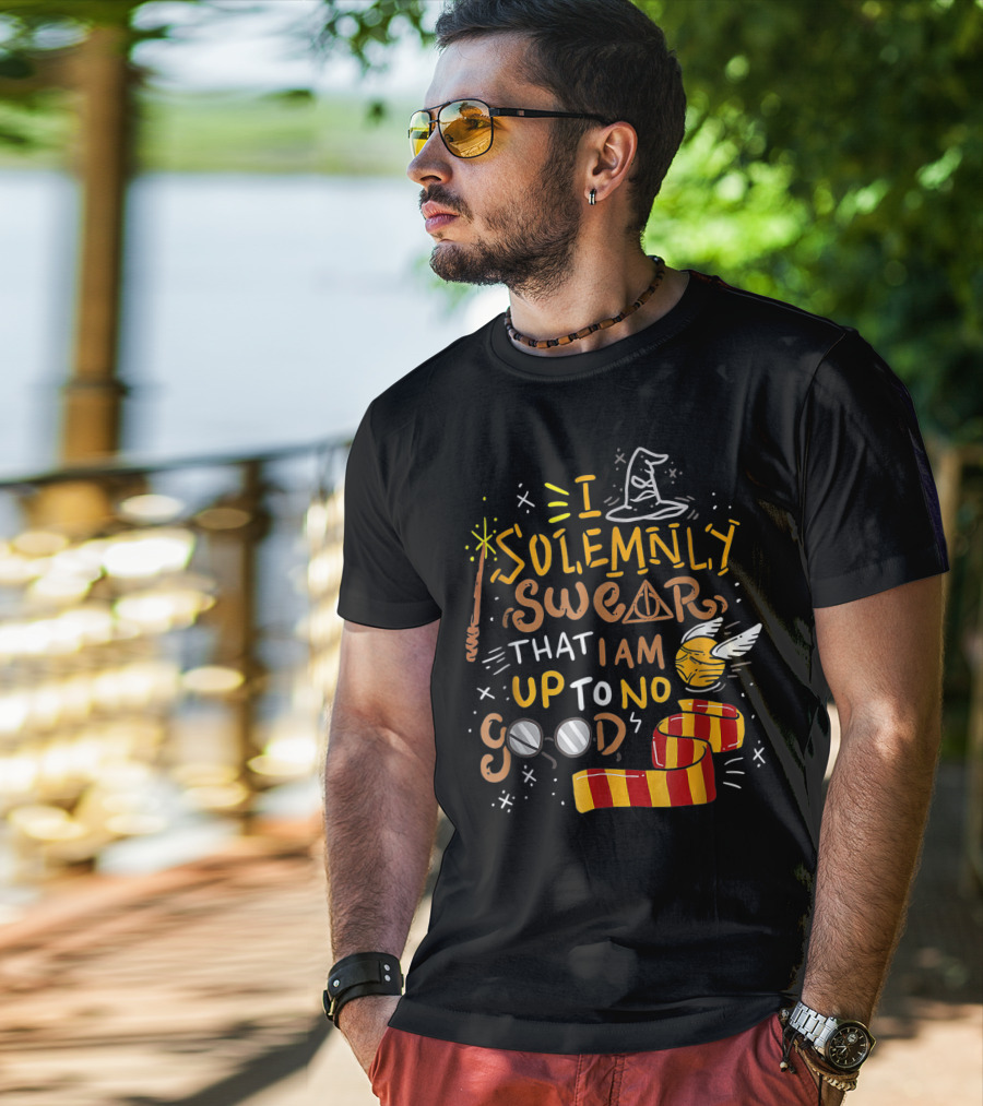 I Solemnly Swear That I Am Up To No Good Wizard Hat Wand Golden Snitch Scarf Glasses T-Shirt
