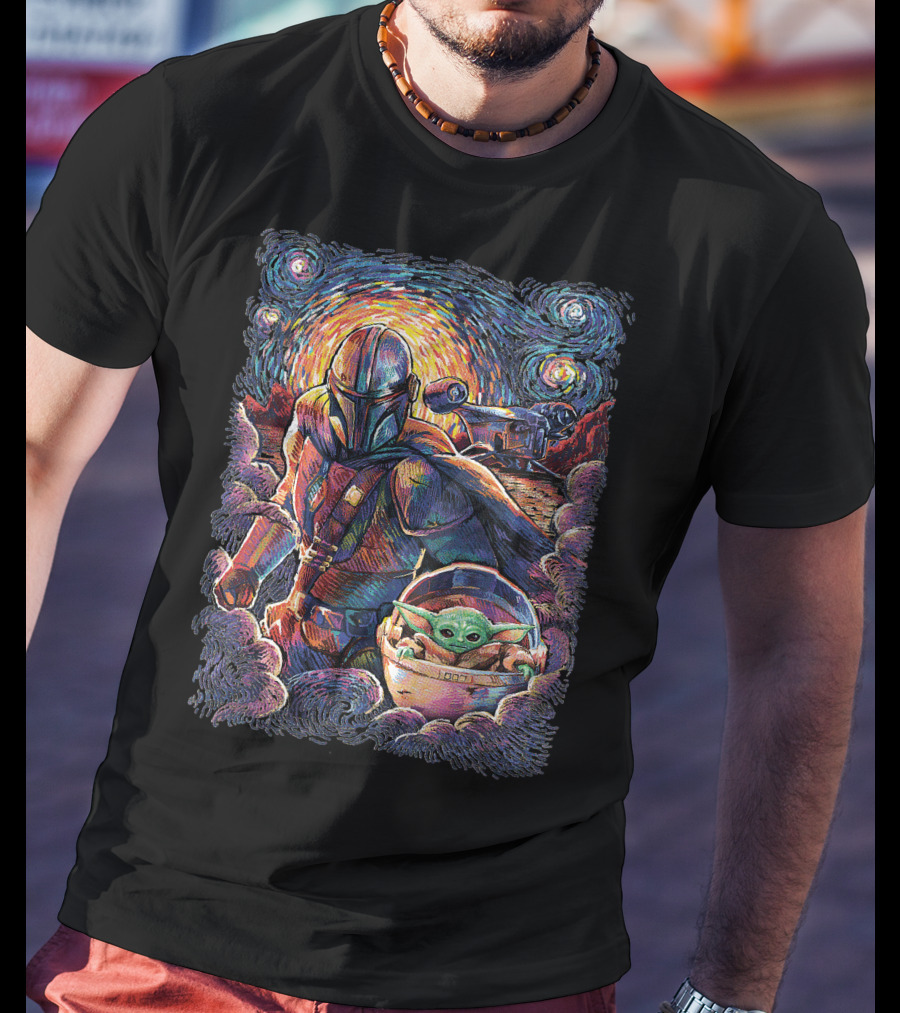 Mandalorian And Grogu Starry Night Art Style T-Shirt