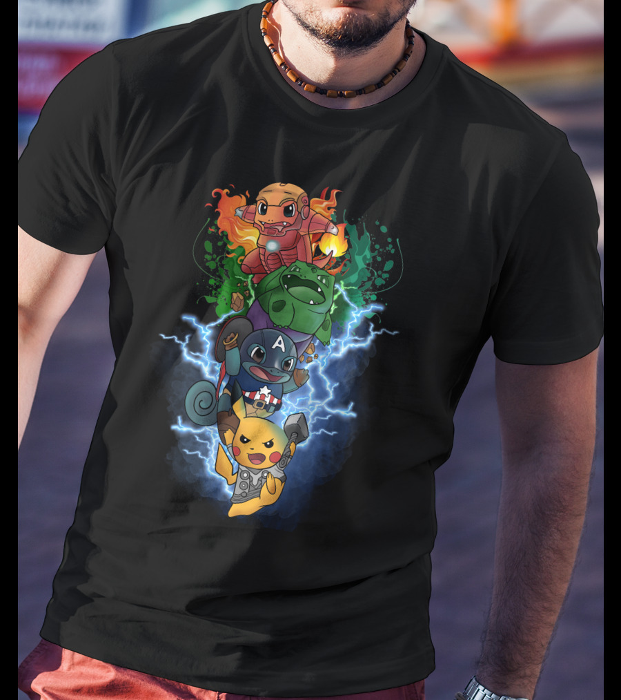 Pikachu Squirtle Charmander Bulbasaur Superhero Mashup T-Shirt