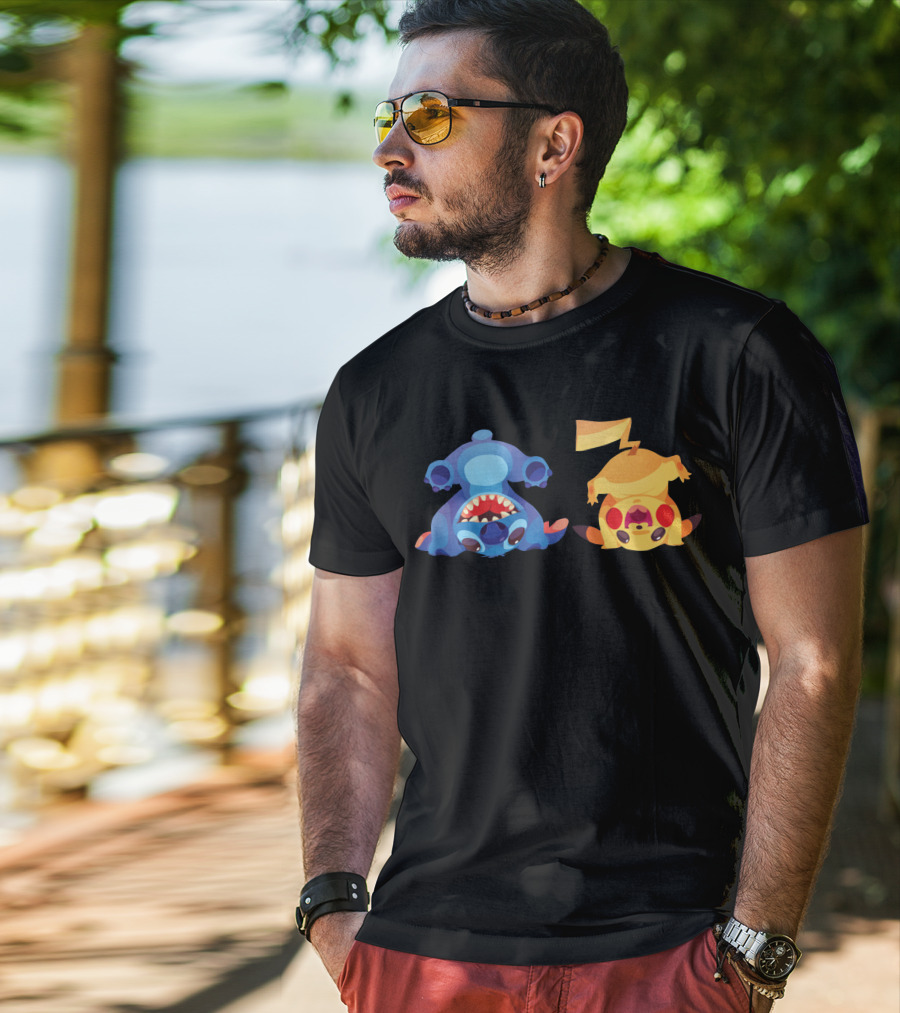 Upside Down Stitch And Pikachu Art T-Shirt