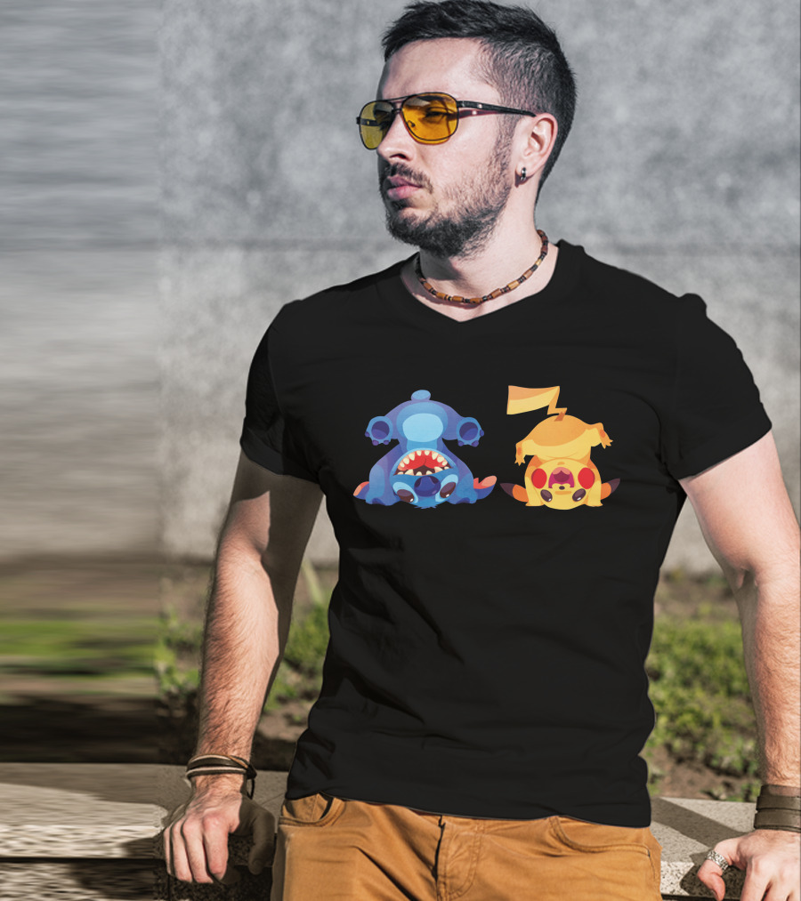 Upside Down Stitch And Pikachu Art T-Shirt