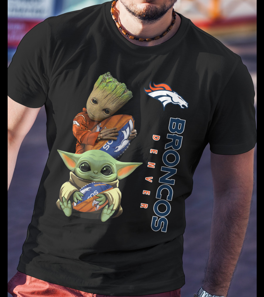 Denver Broncos Baby Yoda And Groot Holding Footballs T-Shirt