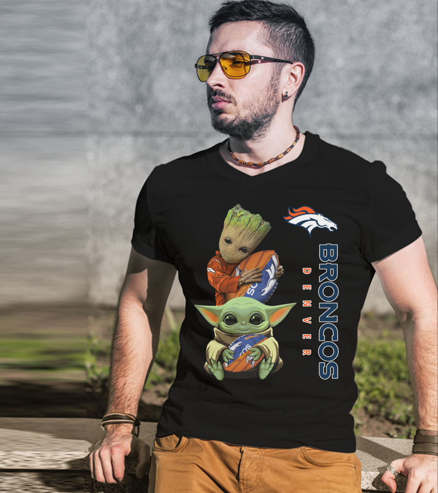 Denver Broncos Baby Yoda And Groot Holding Footballs T-Shirt