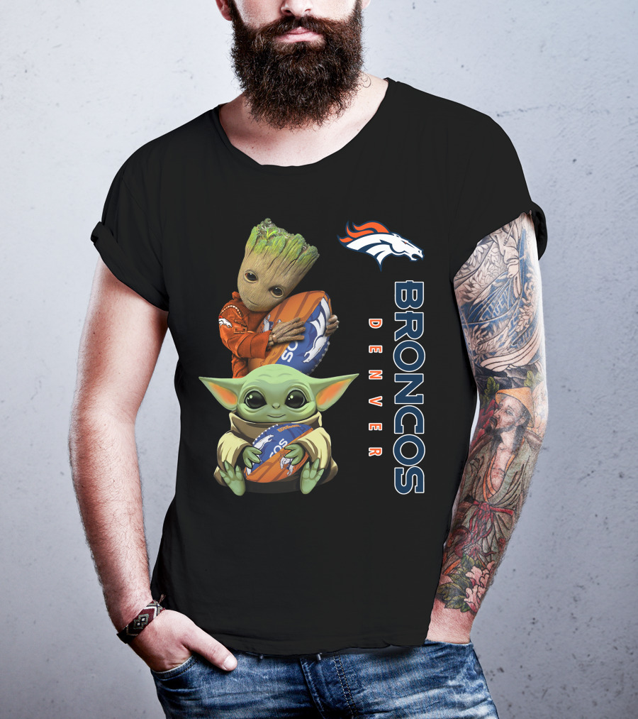 Denver Broncos Baby Yoda And Groot Holding Footballs T-Shirt