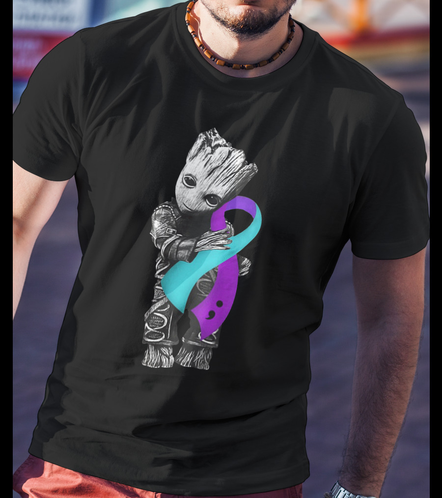 Groot Hugging Semicolon Suicide Prevention Awareness Ribbon T-Shirt