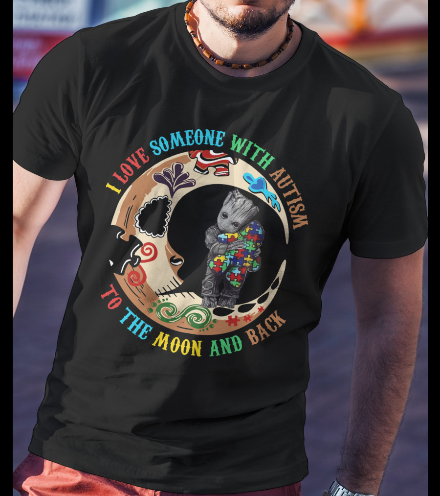 I Love Someone With Autism To The Moon And Back Puzzle Piece Hug T-Shirt