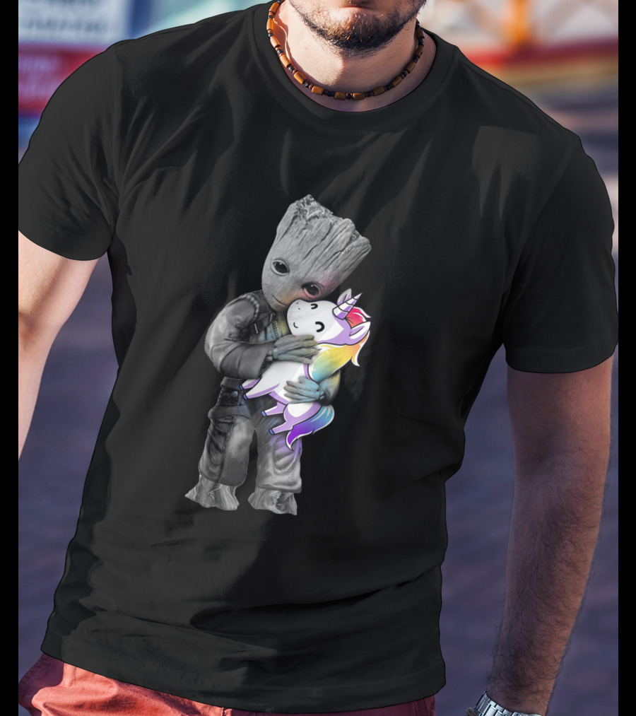 I Am Groot With Rainbow Unicorn Plush Hugging T-Shirt