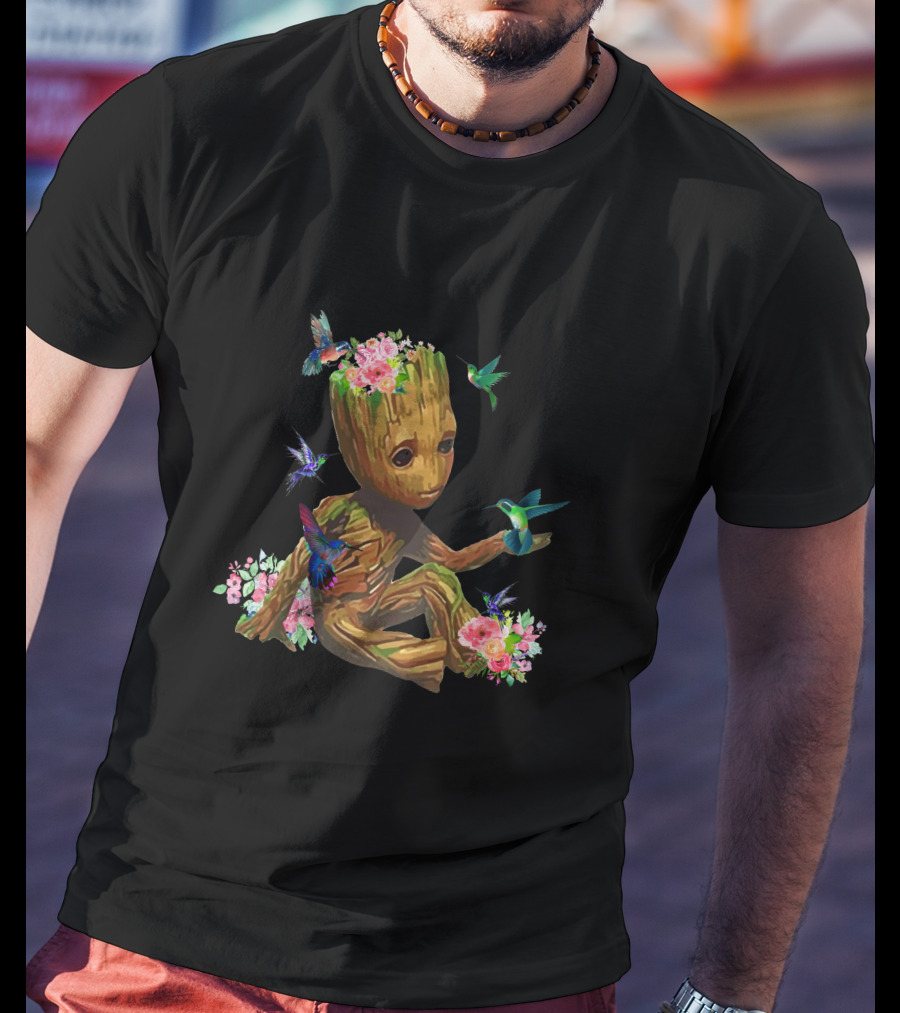 Baby Groot With Flowers And Hummingbirds T-Shirt
