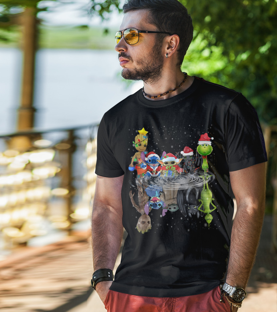 Groot Stitch Yoda Grinch Christmas Reflection T-Shirt