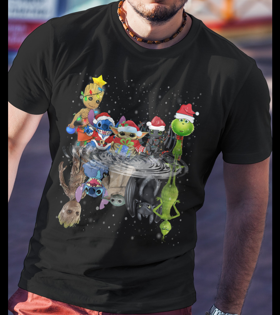 Groot Stitch Yoda Grinch Christmas Reflection T-Shirt