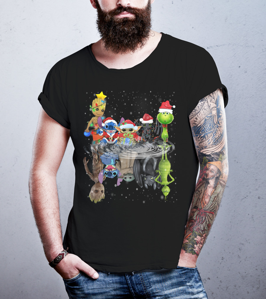 Groot Stitch Yoda Grinch Christmas Reflection T-Shirt