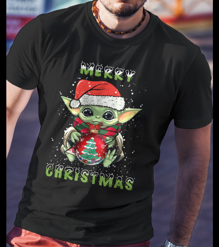 Merry Christmas Baby Alien Santa Hat Snowflakes T-Shirt