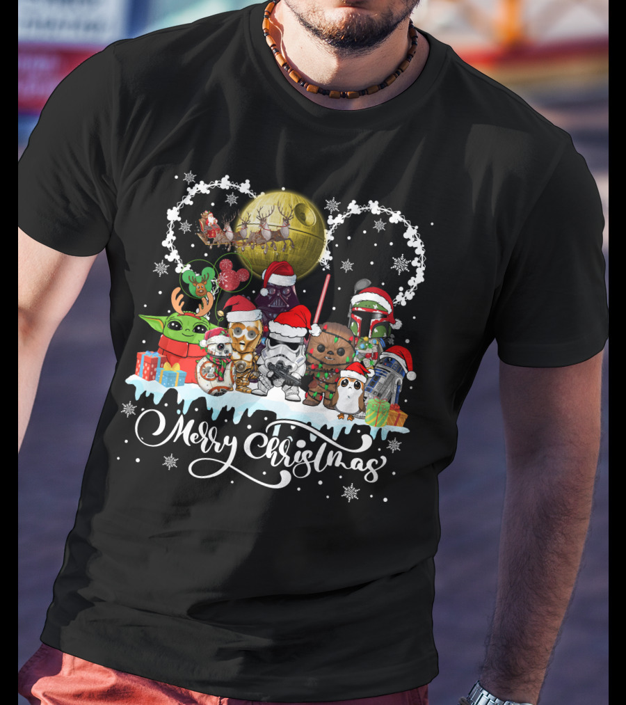 Merry Christmas Star Warss Characters Santa Hats Snowflakes T-Shirt