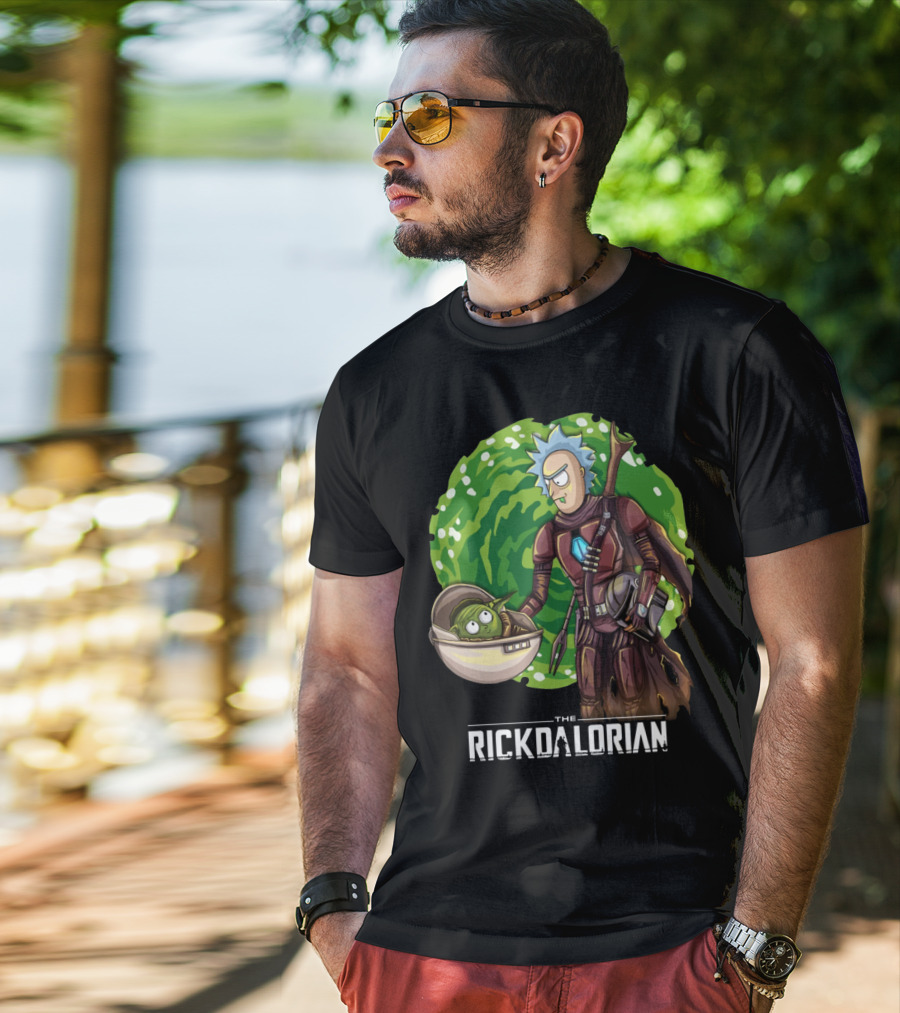 The Rickdalorian With Green Portal Background And Baby Alien Character T-Shirt
