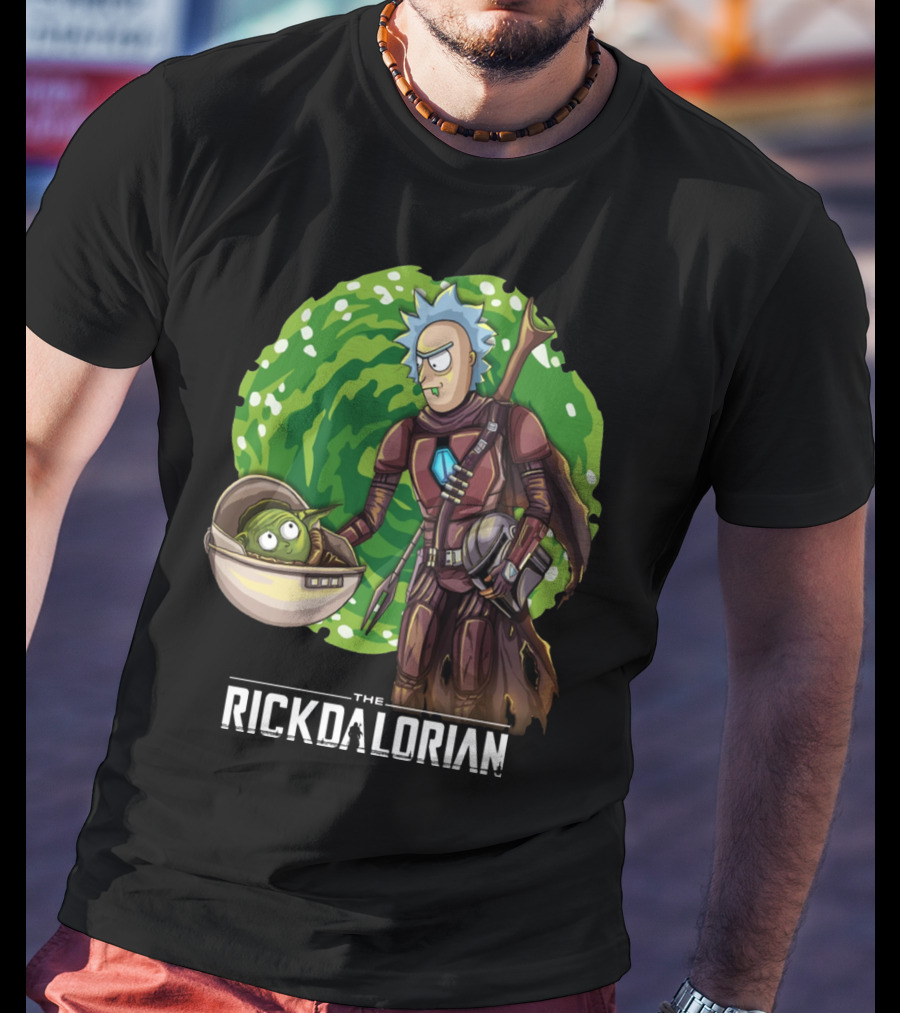 The Rickdalorian With Green Portal Background And Baby Alien Character T-Shirt