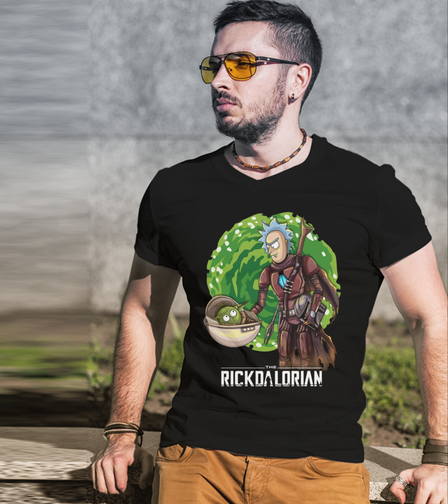 The Rickdalorian With Green Portal Background And Baby Alien Character T-Shirt