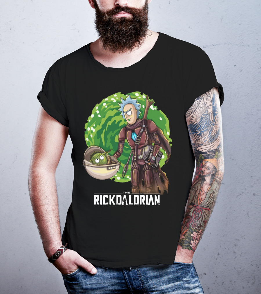 The Rickdalorian With Green Portal Background And Baby Alien Character T-Shirt