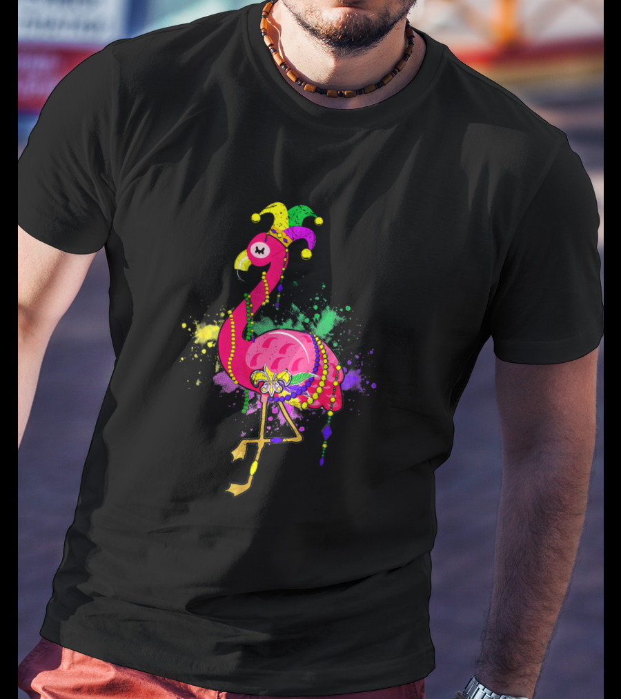 Mardi Gras Flamingo With Jester Hat And Beads On Colorful Splatter Background T-Shirt