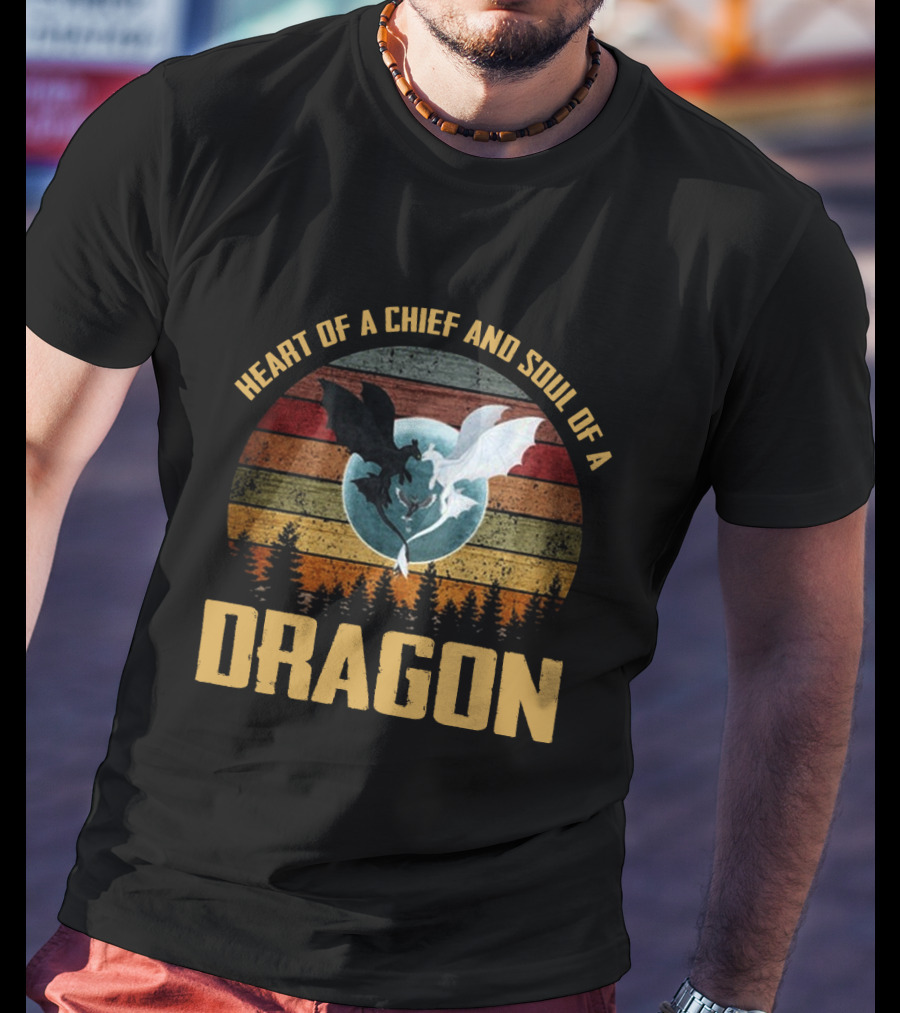 Heart Of A Chief And Soul Of A Dragon With Silhouette Of Two Dragons On Retro Stripes T-Shirt