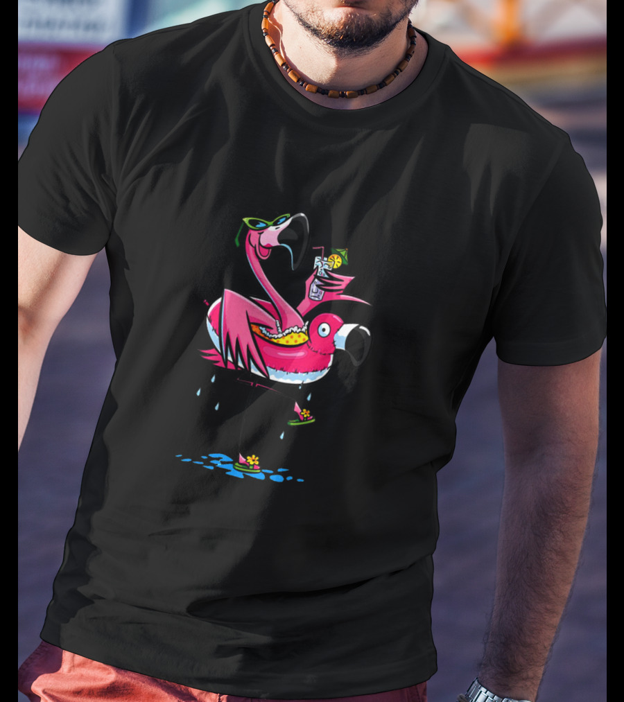 Pink Flamingos Enjoying A Tropical Wine Drink T-Shirt