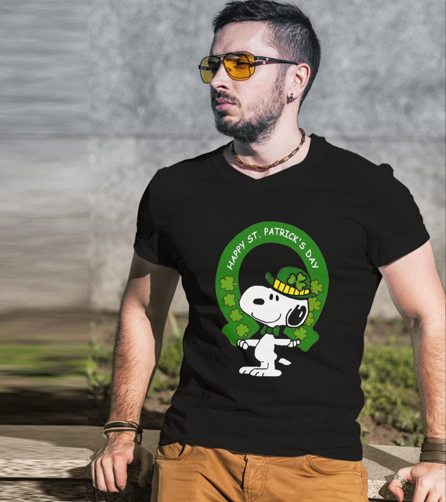 Snoopy Happy St. Patrick's Day With Shamrocks And Green Hat T-Shirt