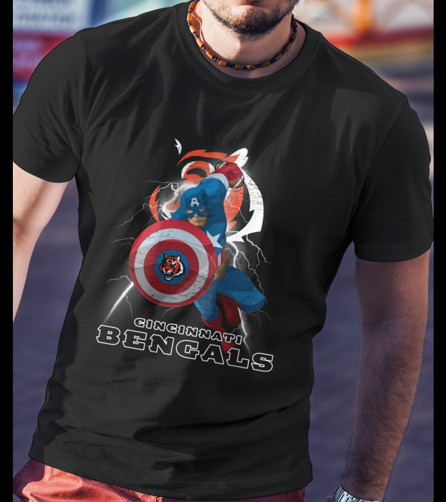 Captain America Cincinnati Bengals Nfl Lightning Shield T-Shirt