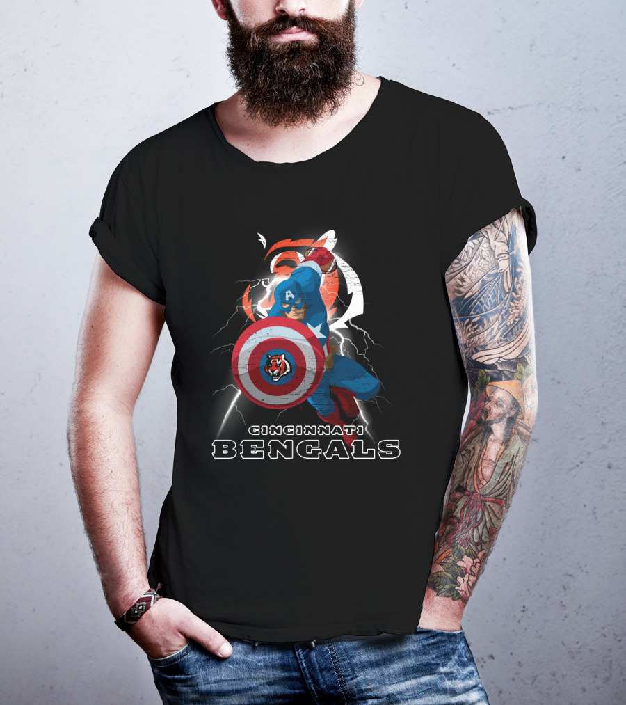 Captain America Cincinnati Bengals Nfl Lightning Shield T-Shirt