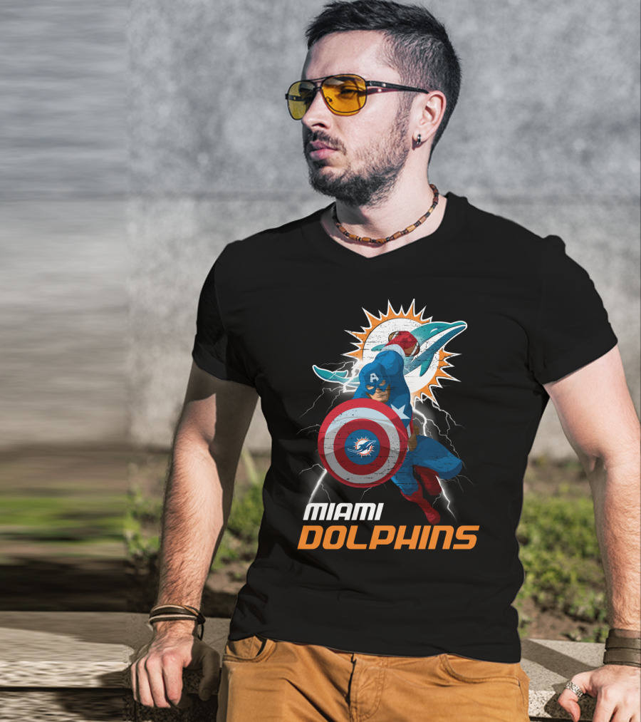 Captain America Miami Dolphins Nfl Lightning Action T-Shirt