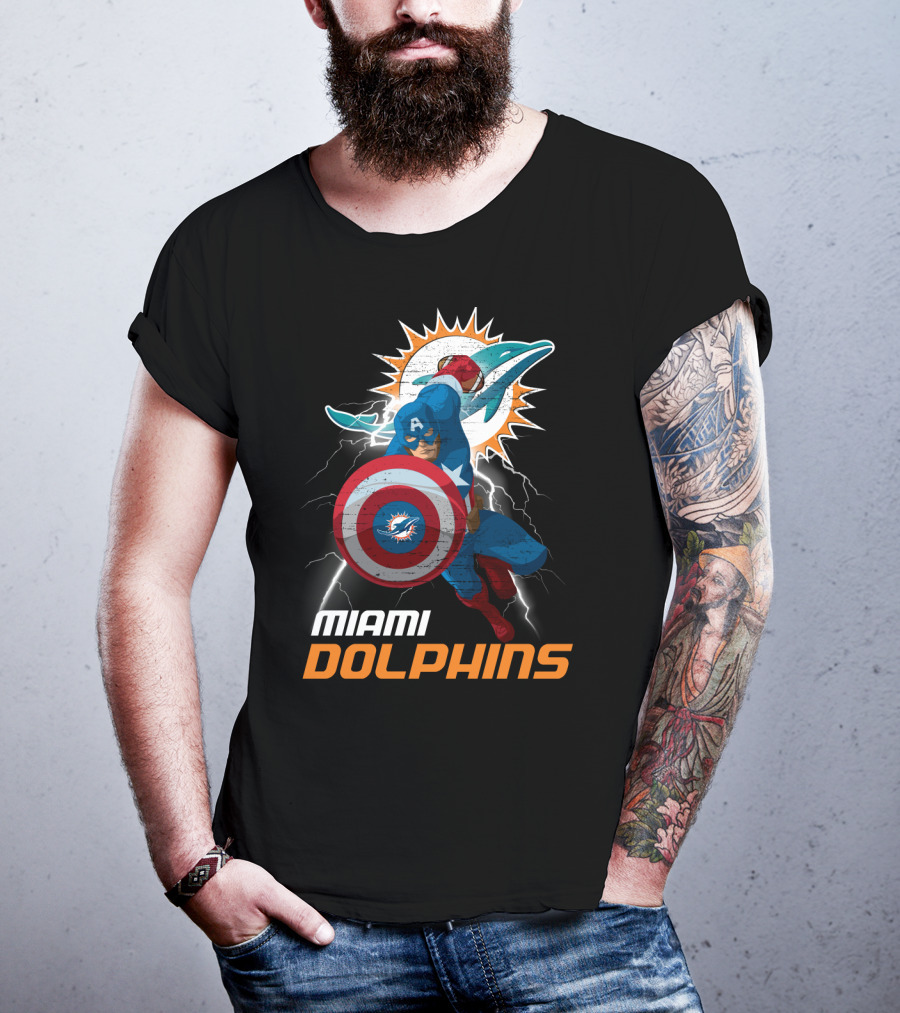 Captain America Miami Dolphins Nfl Lightning Action T-Shirt