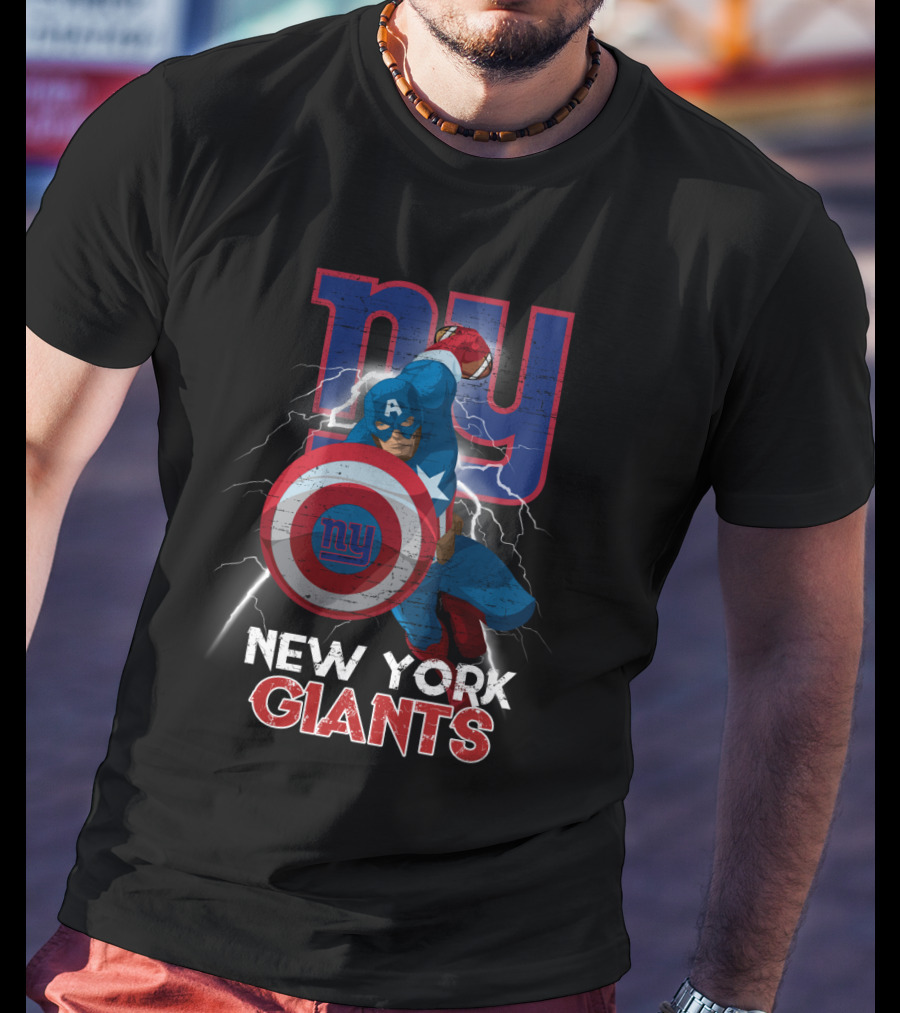 Captain America New York Giants Nfl Superhero Shield Lightning Action T-Shirt
