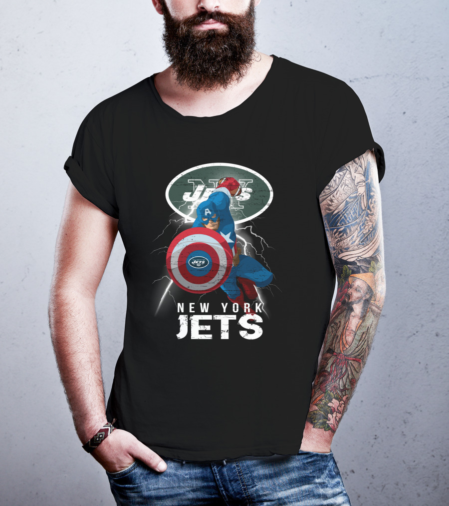 Captain America New York Jets Nfl Lightning Shield T-Shirt