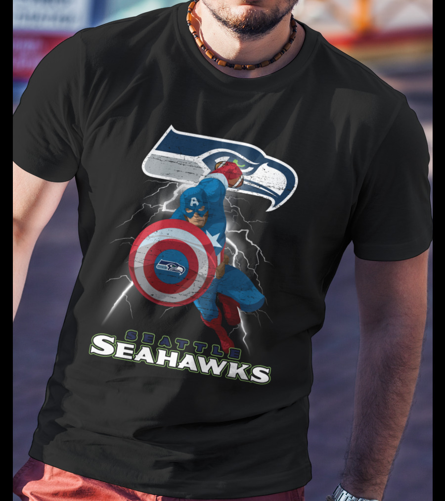 Captain America Seattle Seahawks Nfl Football Crossover Superhero Logo Lightning T-Shirt