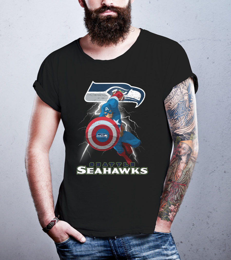 Captain America Seattle Seahawks Nfl Football Crossover Superhero Logo Lightning T-Shirt