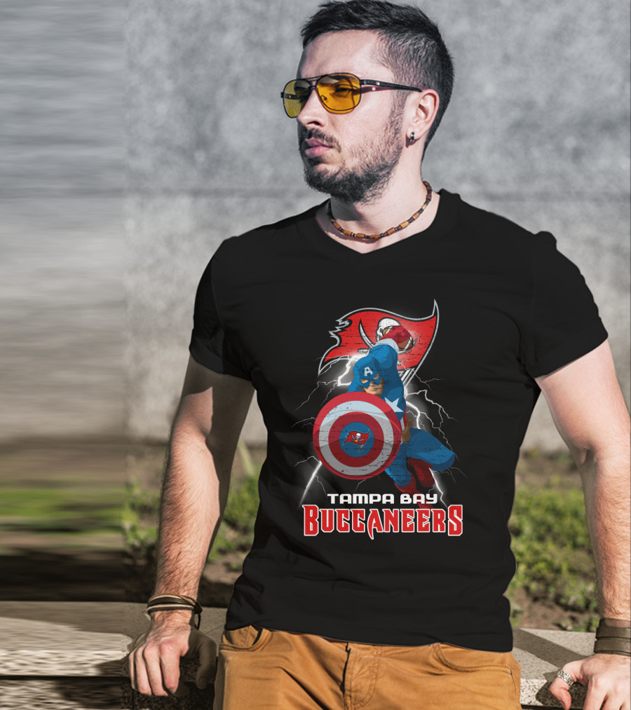 Captain America Tampa Bay Buccaneers Nfl Shield Lightning T-Shirt
