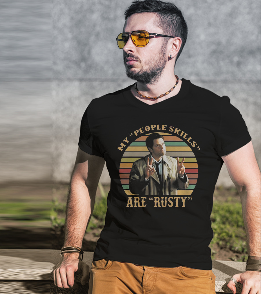 My People Skills Are Rusty Castiel Vintage Rainbow Stripes T-Shirt