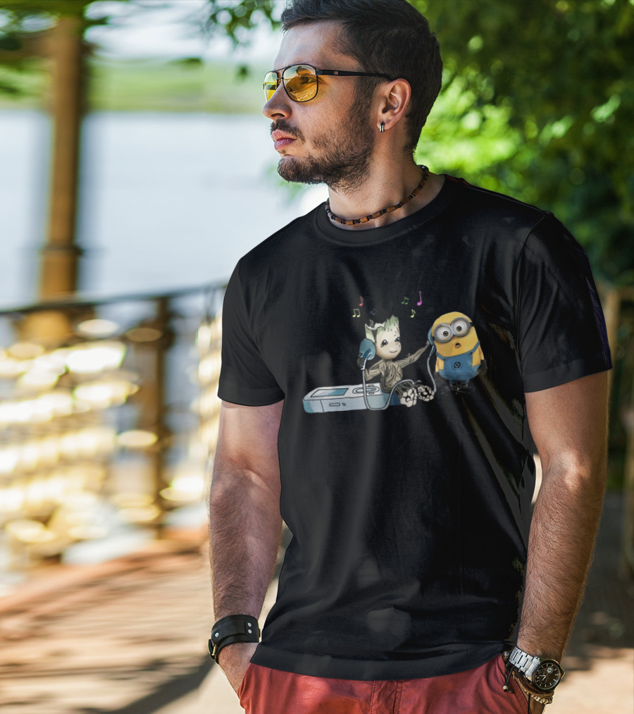 Groot And Minion Sharing Music With Headphones And Music Notes T-Shirt