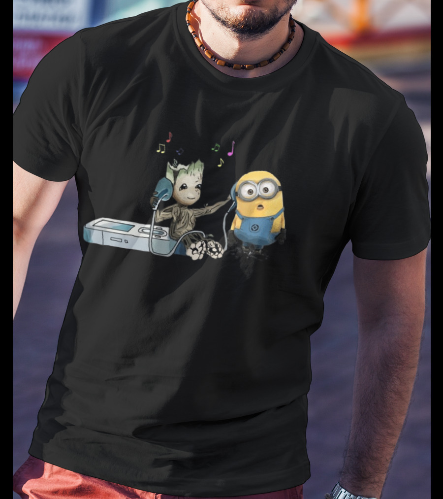 Groot And Minion Sharing Music With Headphones And Music Notes T-Shirt
