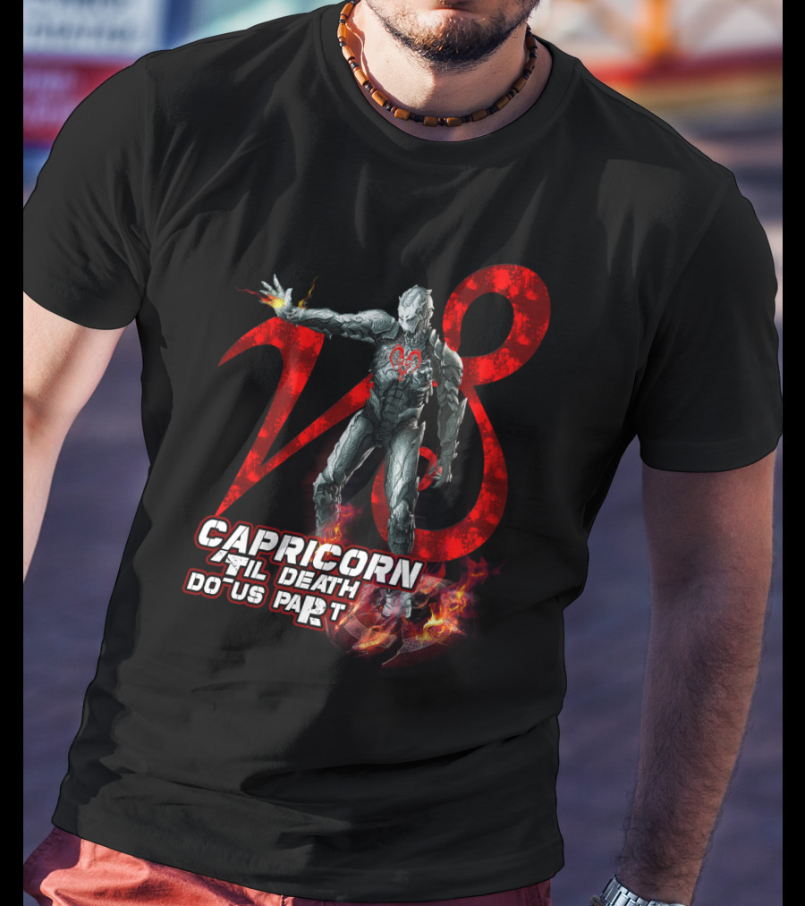 Capricorn Til Death Do Us Part With Iron Man Armor And Red Number Eight T-Shirt