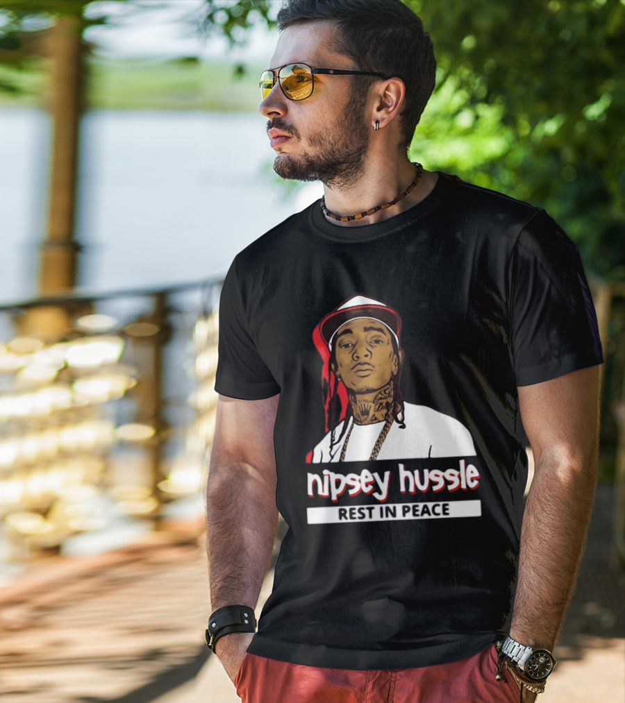 Nipsey Hussle Rest In Peace Black And White Portrait With Red Highlight T-Shirt