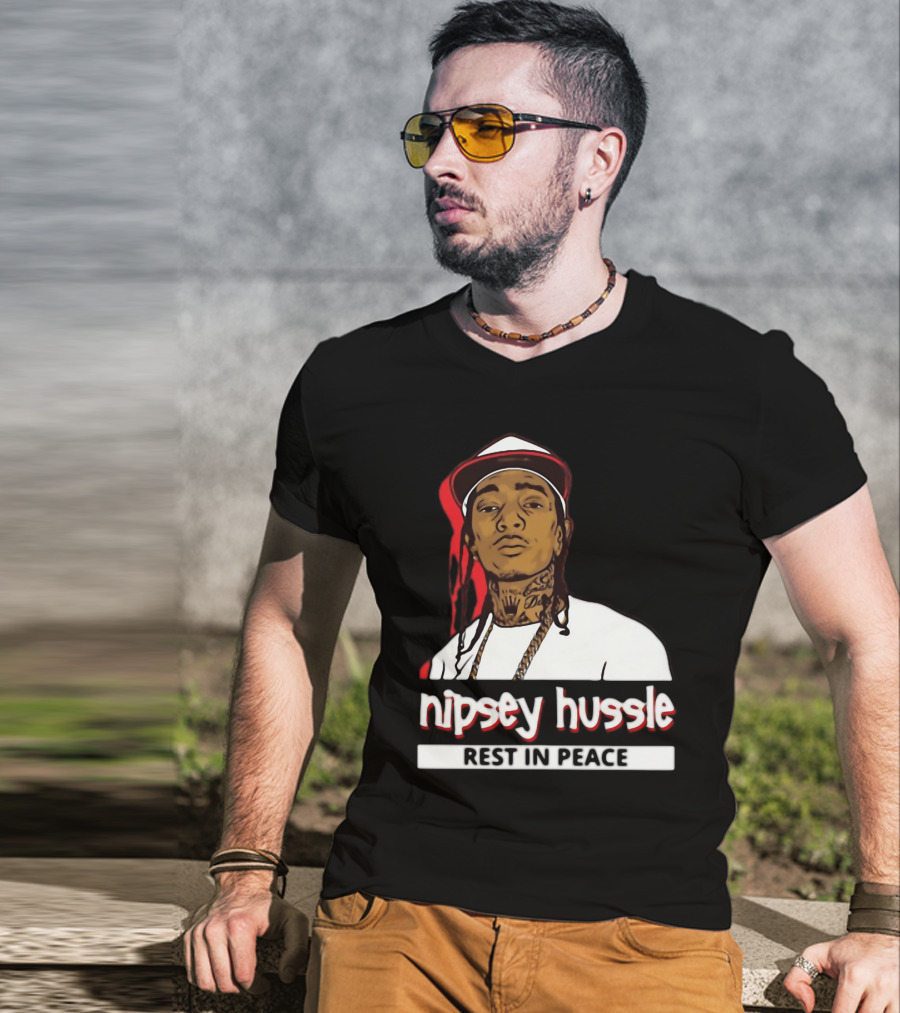 Nipsey Hussle Rest In Peace Black And White Portrait With Red Highlight T-Shirt