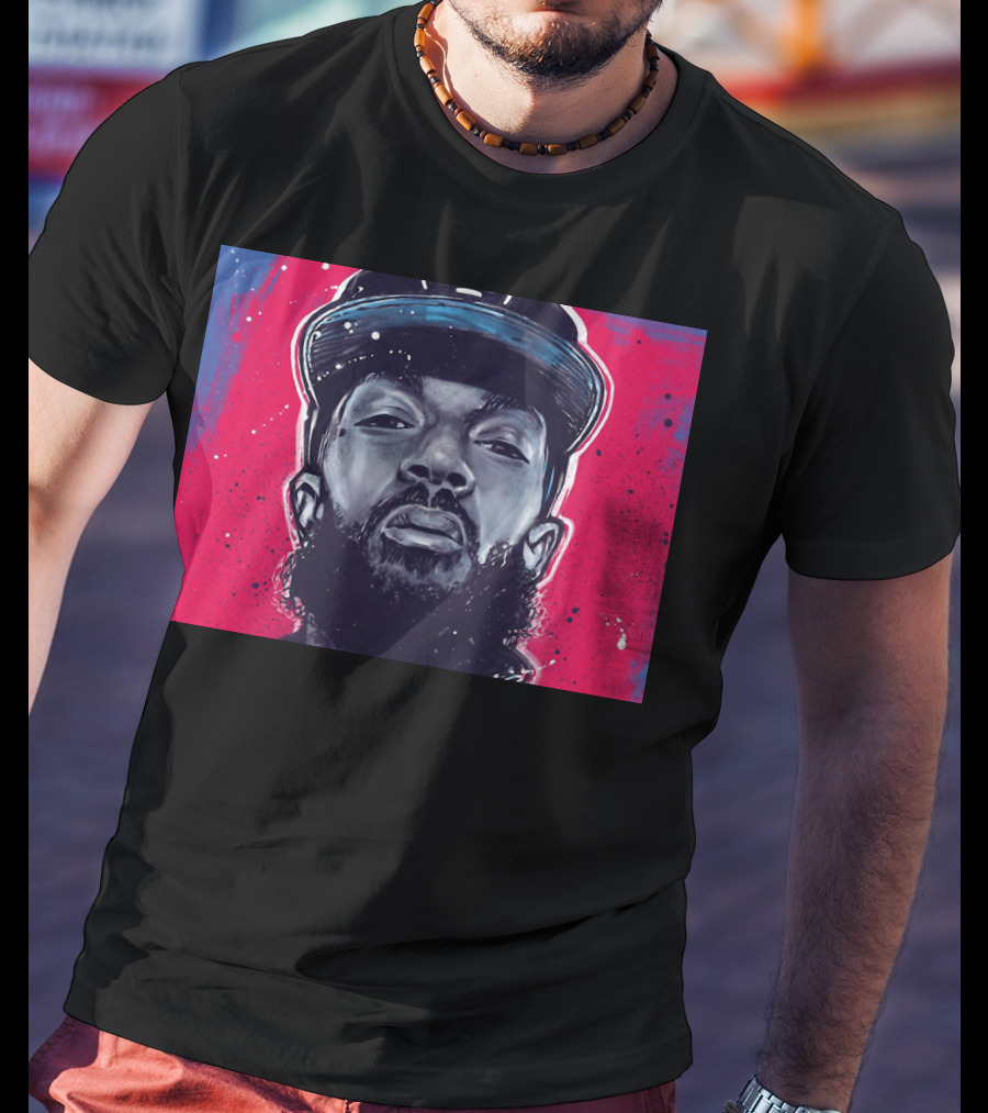 Nipsey Hussle Bold Street Style Portrait With Cap And Vibrant Red Blue T-Shirt