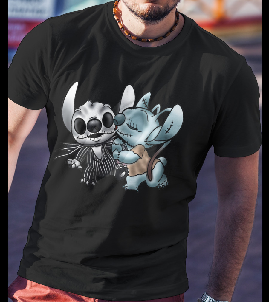 Stitch And Angel Nightmare Before Christmas Inspired Jack And Sally Characters T-Shirt