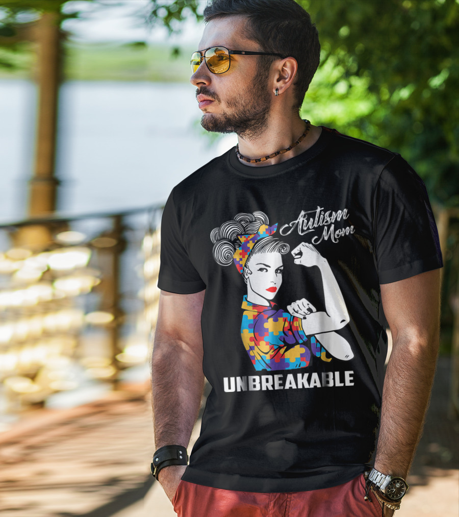 Unbreakable Autism Mom With Puzzle Pattern Retro Rosie The Riveter T-Shirt