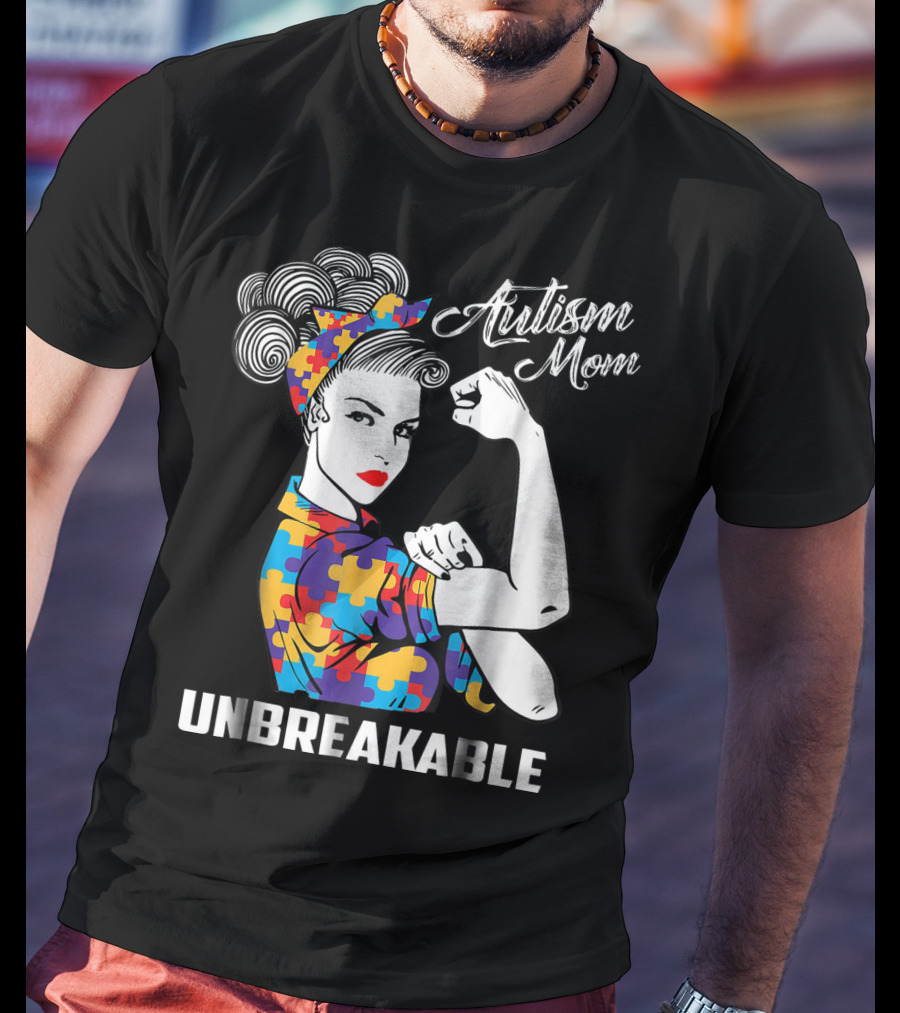 Unbreakable Autism Mom With Puzzle Pattern Retro Rosie The Riveter T-Shirt
