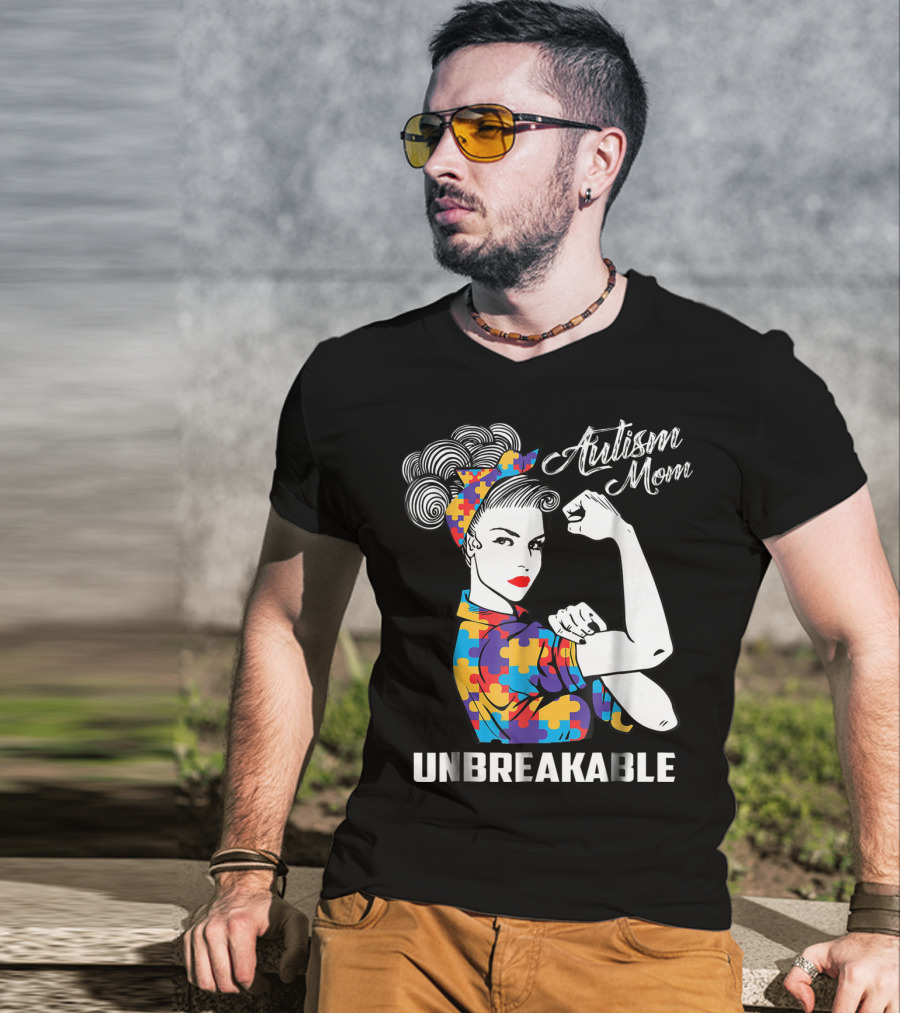 Unbreakable Autism Mom With Puzzle Pattern Retro Rosie The Riveter T-Shirt