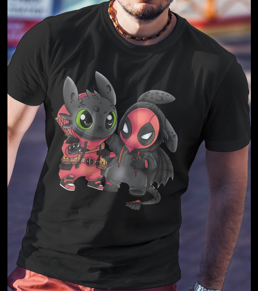 Baby Toothless And Deadpool Mashup Crossover Featuring Cute Duo With Iconic Red And Black Costume Elements T-Shirt
