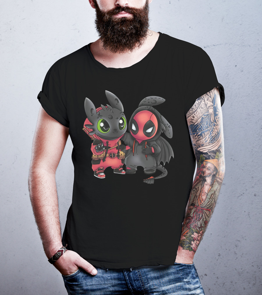 Baby Toothless And Deadpool Mashup Crossover Featuring Cute Duo With Iconic Red And Black Costume Elements T-Shirt