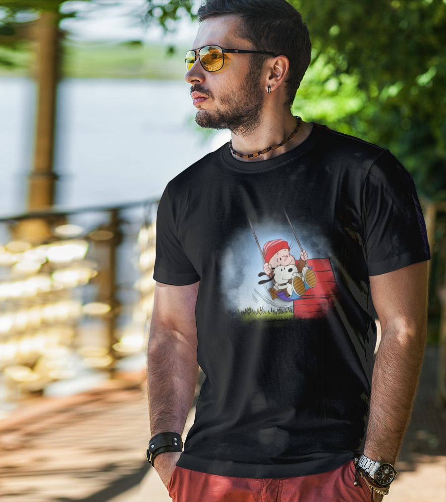 Charlie Brown And Snoopy Swinging On Doghouse T-Shirt