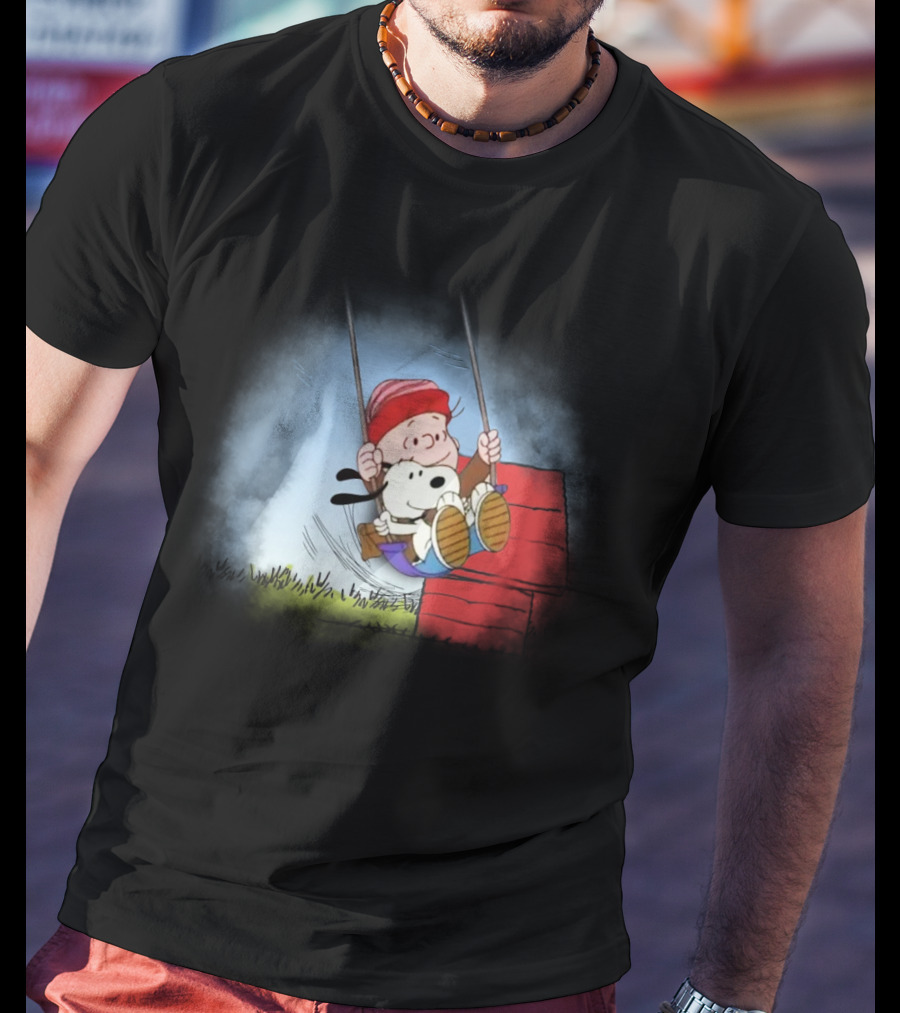 Charlie Brown And Snoopy Swinging On Doghouse T-Shirt