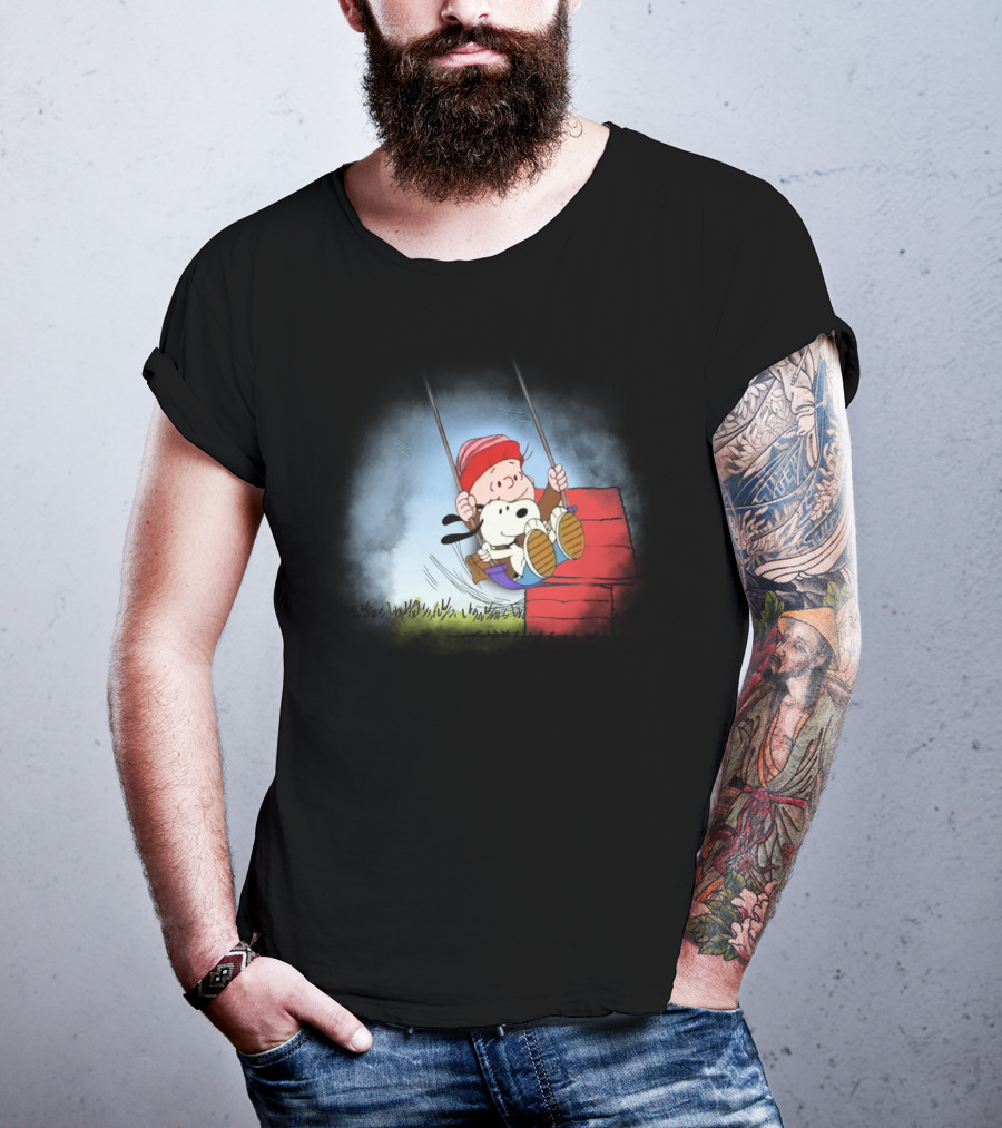 Charlie Brown And Snoopy Swinging On Doghouse T-Shirt